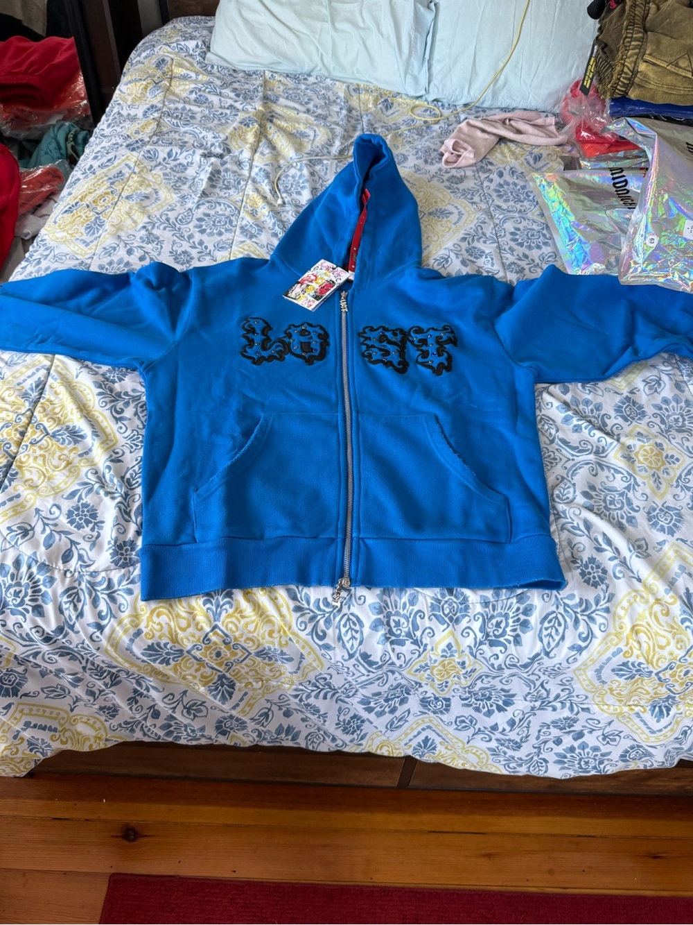 Lost Intricacy Mens Blue Zip Hoodie with Black Flame Logo